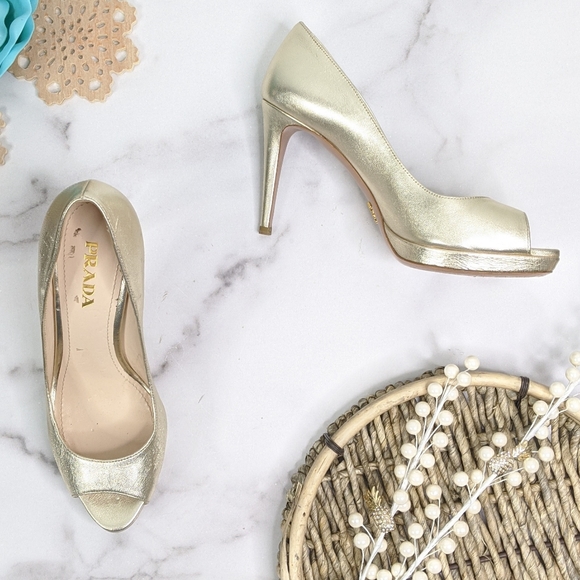 Prada Shoes - Prada Gold Peep Toe Pump
